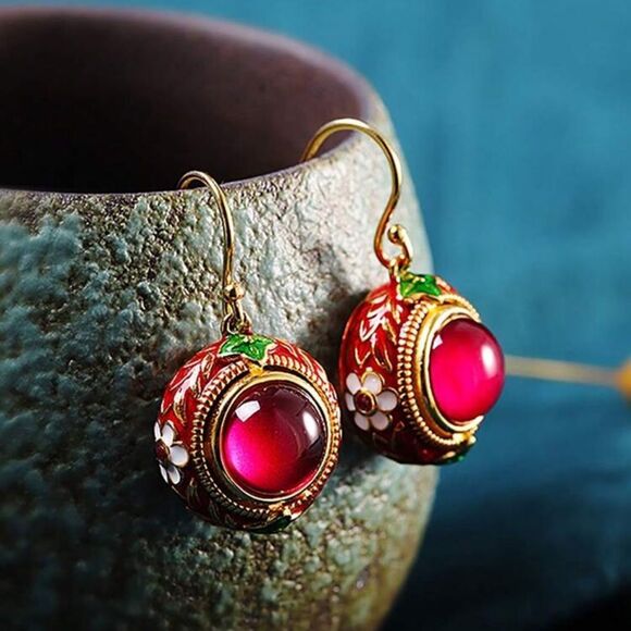 Vintage-Inspired Red Enamel Cabochon Drop Earrings - Picture 3 of 10